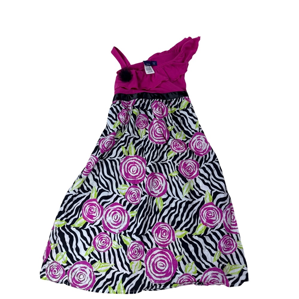 Basic Editions Girls Pink Zebra‎ Floral Maxi Dress One Shoulder Ruffle XL 14/16